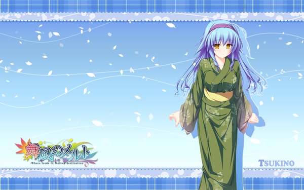 Anime picture 2560x1600 with lunaris filia hiiragi tsukino mikagami mamizu single long hair highres wide image yellow eyes blue hair japanese clothes girl kimono