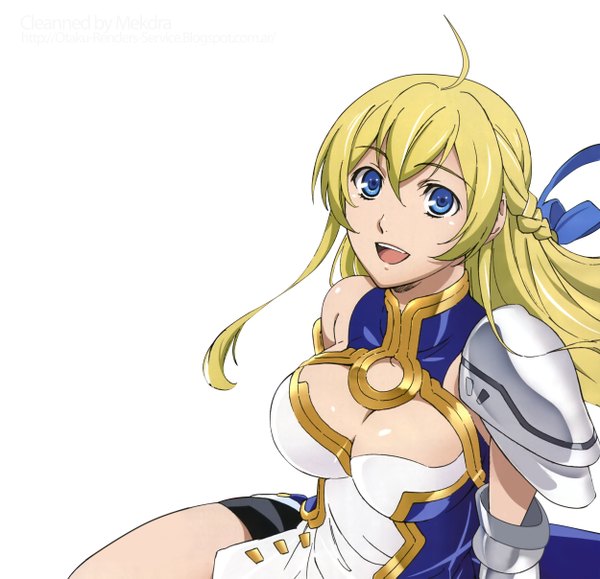 Anime picture 2500x2415 with nobunaga the fool jeanne kaguya d'arc itou katsunobu single long hair looking at viewer highres breasts open mouth blue eyes simple background blonde hair white background cleavage girl dress ribbon (ribbons) hair ribbon