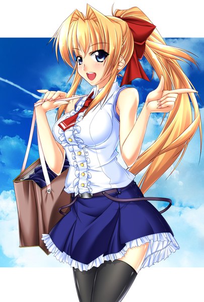 Anime picture 1351x2000 with original merufena single long hair tall image open mouth blue eyes blonde hair ponytail pointing girl thighhighs black thighhighs bag