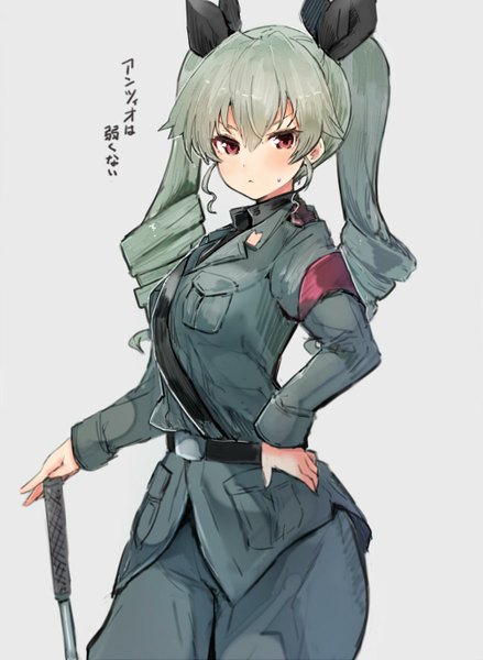 Anime picture 1000x1368 with girls und panzer anchovy (girls und panzer) sumisu (mondo) single long hair tall image looking at viewer blush fringe simple background hair between eyes red eyes twintails grey hair grey background hand on hip drill hair girl uniform bow