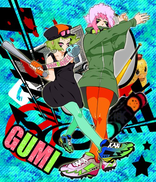 Anime picture 1500x1750 with vocaloid panda hero (vocaloid) gumi 773 (pixiv) tall image short hair green eyes pink hair nail polish pink eyes green hair dual persona girl gloves hat pantyhose glasses fingerless gloves blood sneakers