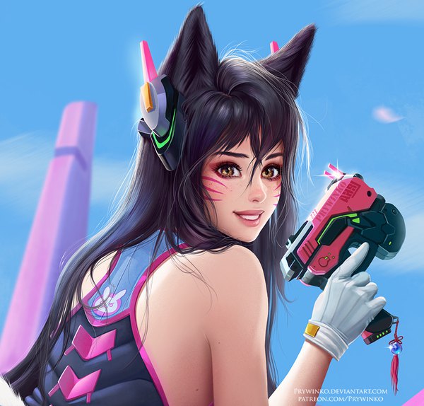 Anime picture 900x862 with league of legends overwatch blizzard entertainment ahri (league of legends) d.va (overwatch) olga narhova single long hair blush fringe black hair smile hair between eyes bare shoulders brown eyes signed animal ears looking back realistic lipstick