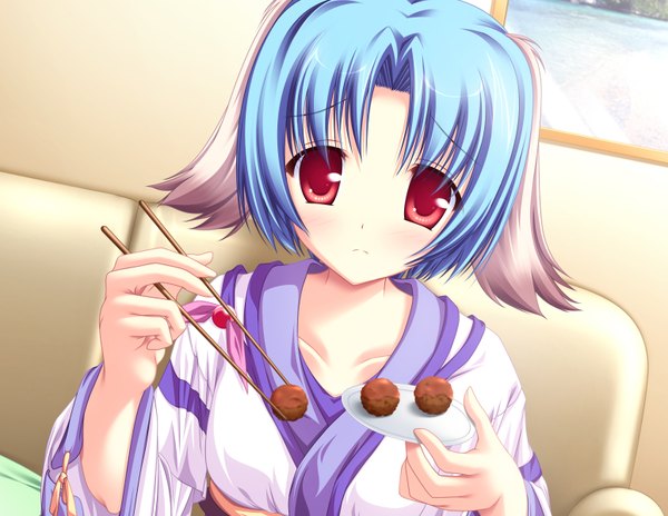 Anime picture 1550x1200 with inakoi haruhi sarasa tenmaso single looking at viewer blush short hair red eyes sitting animal ears blue hair game cg japanese clothes dog ears dog girl girl food couch chopsticks