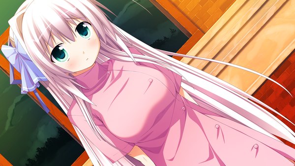 Anime picture 1280x720 with endless dungeon note rueme kinta (distortion) single long hair looking at viewer blush blue eyes wide image game cg white hair girl dress bow hair bow