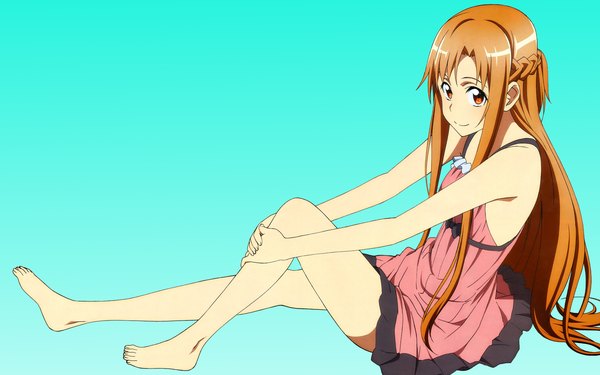 Anime picture 1920x1200 with sword art online a-1 pictures yuuki asuna habe takashi single long hair looking at viewer highres light erotic smile red eyes brown hair wide image barefoot legs blue background girl sundress
