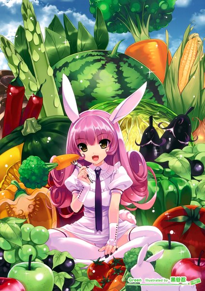 Anime picture 2471x3500 with original misaki kurehito single long hair tall image looking at viewer highres open mouth yellow eyes purple hair bunny ears girl thighhighs dress white thighhighs necktie food fruit berry (berries) apple