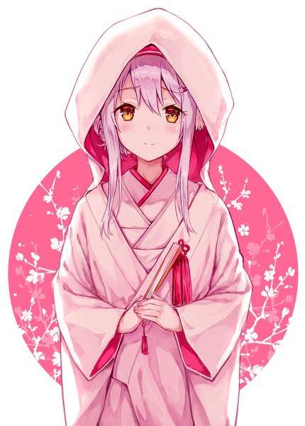 Anime picture 717x1000 with kantai collection shoukaku aircraft carrier hiten (hitenkei) single long hair tall image looking at viewer blush fringe smile purple hair long sleeves traditional clothes japanese clothes wide sleeves alternate costume girl kimono hairclip hood