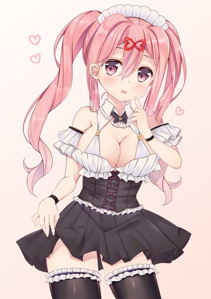 Anime picture 1300x1839 with original ko yu single long hair tall image looking at viewer blush fringe breasts light erotic simple background hair between eyes large breasts twintails pink hair cleavage pink eyes arm up :p lacing