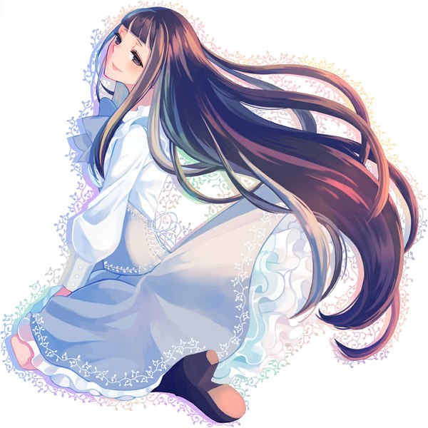 Anime picture 1000x1000 with original miri (cherryjelly) single long hair looking at viewer blush simple background smile brown hair white background sitting brown eyes long sleeves looking back high heels lacing girl dress bow white dress