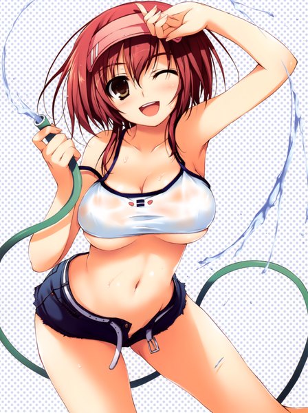 Anime picture 3023x4041 with tomose shunsaku single tall image highres short hair breasts open mouth light erotic large breasts absurdres red hair one eye closed wink midriff open shorts girl navel shorts splashes hose