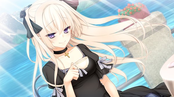 Anime picture 1280x720 with kenja no okuri imouto asato sara single long hair looking at viewer smile wide image purple eyes game cg white hair girl dress hair ornament bow black dress cross cup cross necklace