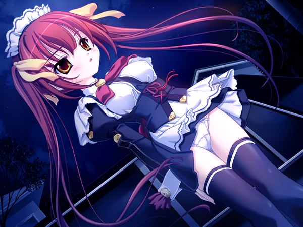 Anime picture 1200x900 with long hair light erotic twintails yellow eyes game cg red hair night maid pantyshot thighhighs ribbon (ribbons) black thighhighs