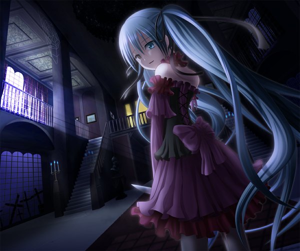 Anime picture 1100x921 with vocaloid hatsune miku hoshimiya mirai single blue eyes standing twintails bare shoulders blue hair very long hair dark background goth-loli girl dress bow knife