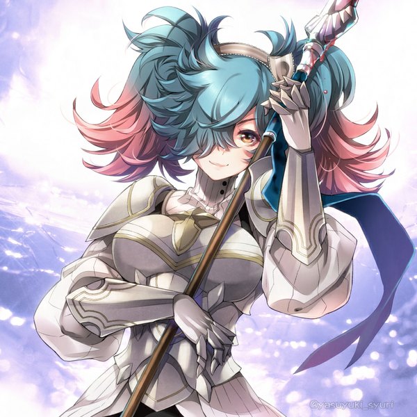 Anime picture 900x900 with fire emblem fire emblem fates pieri (fire emblem if) shuri yasuyuki single long hair looking at viewer fringe breasts smile large breasts holding signed yellow eyes blue hair pink hair hair over one eye girl hairband armor