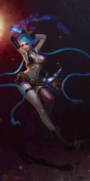 Anime picture 964x1920 with league of legends jinx (league of legends) tagme (artist) single tall image breasts light erotic smile red eyes blue hair very long hair bare belly armpit (armpits) midriff tattoo girl thighhighs gloves navel weapon