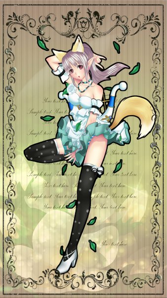 Anime picture 1408x2500 with original sphere (graham) single long hair tall image looking at viewer open mouth red eyes bare shoulders animal ears silver hair ponytail tail pointy ears thighhighs dress black thighhighs frills leaf (leaves)