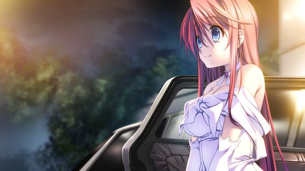 Anime picture 1280x720 with koisuru otome to shugo no tate yamada taeko single long hair blue eyes wide image bare shoulders game cg red hair otoko no ko dress boy gloves elbow gloves white gloves white dress ground vehicle car