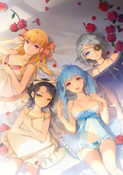 Anime picture 2480x3508 with sword girls iri flina sita vilosa cinia pacifica luthica preventer salt (salty) long hair tall image highres short hair open mouth blue eyes light erotic black hair blonde hair twintails multiple girls yellow eyes blue hair cleavage