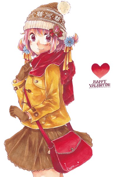 Anime picture 747x1039 with original kawana (spicaboy) single tall image blush short hair simple background smile white background looking away pink hair braid (braids) pink eyes hair flower twin braids valentine girl skirt gloves hair ornament