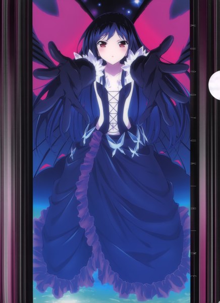 Anime picture 2550x3509 with accel world sunrise (studio) kuroyukihime single long hair tall image looking at viewer blush fringe highres brown eyes blue hair official art sleeveless character names outstretched arm insect wings butterfly wings girl dress