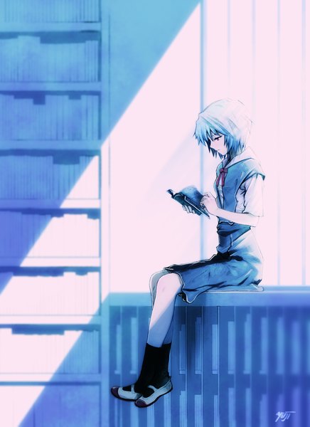 Anime picture 1488x2047 with neon genesis evangelion gainax ayanami rei kobayashi yuji single tall image short hair red eyes sitting signed blue hair sunlight blurry depth of field crossed legs reading girl thighhighs uniform ribbon (ribbons)