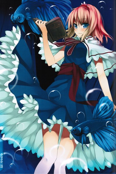 Anime picture 2292x3436 with touhou alice margatroid unasaka ryou single tall image looking at viewer blush highres short hair blue eyes smile underwater girl bow hair bow book (books) bubble (bubbles) fish (fishes)