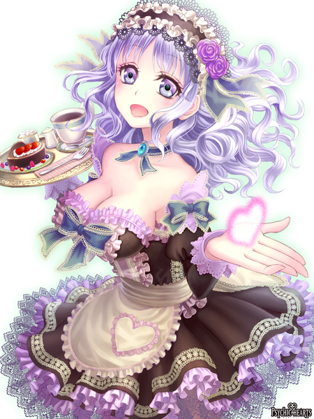 Anime picture 768x1024 with original frontier town single long hair tall image looking at viewer blush open mouth blue eyes cleavage white hair maid wavy hair girl dress frills headdress heart sweets maid headdress