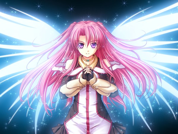 Anime picture 1024x768 with maou to odore! 2 single long hair purple eyes bare shoulders pink hair game cg girl gloves wings choker armor necklace