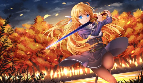 Anime picture 1900x1100 with original helther single long hair looking at viewer highres blue eyes blonde hair wide image evening sunset horizon skirt flip girl skirt weapon plant (plants) pantyhose sword tree (trees)