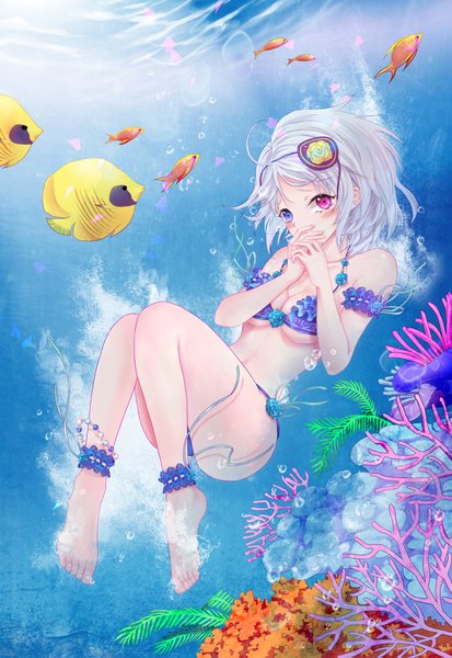 Anime picture 1500x2175 with sword girls iri flina single tall image looking at viewer blush short hair breasts light erotic white hair heterochromia underwater girl swimsuit animal bikini frills bubble (bubbles) fish (fishes) coral