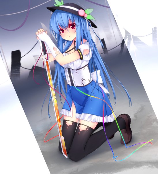 Anime picture 1280x1400 with touhou hinanawi tenshi mijinko (rioriorio) single long hair tall image looking at viewer blush red eyes blue hair girl thighhighs dress gloves weapon black thighhighs hat sword shoes hisou no tsurugi