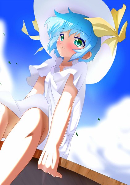 Anime picture 1024x1456 with original bra-cky single tall image blush short hair blue eyes sitting blue hair looking away sky cloud (clouds) girl dress ribbon (ribbons) white dress hat ribbon