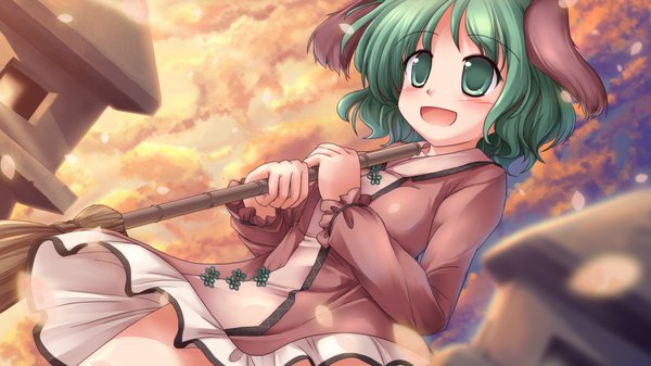 Anime picture 1920x1080 with touhou kasodani kyouko lzh single blush highres short hair open mouth wide image green eyes cloud (clouds) green hair dog ears girl dress petals broom