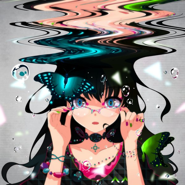 Anime picture 2000x2000 with original lam (ramdayo) single long hair looking at viewer fringe highres open mouth blue eyes black hair nail polish grey background grey eyes underwater multicolored eyes adjusting glasses multicolored nail polish girl dress choker