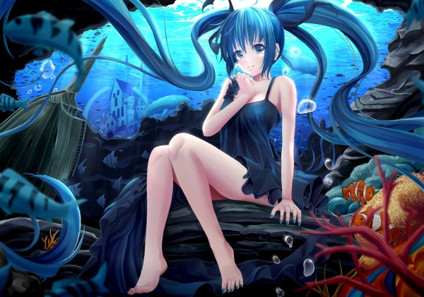 Anime picture 2400x1684 with vocaloid hatsune miku rayxray single long hair blush highres smile sitting barefoot aqua eyes aqua hair bare legs underwater girl dress bubble (bubbles) fish (fishes) stone (stones) castle