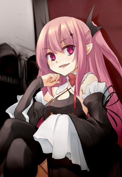 Anime picture 1000x1450 with owari no seraph wit studio kururu tepes nameless place single long hair tall image open mouth sitting pink hair parted lips pink eyes pointy ears from below two side up crossed legs dark background girl dress hair ornament