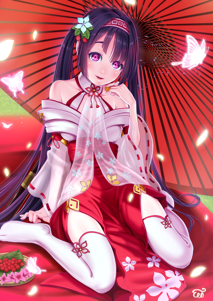 Anime picture 662x936 with original murasaki jazi single tall image looking at viewer blush open mouth black hair twintails purple eyes very long hair traditional clothes japanese clothes miko girl thighhighs petals white thighhighs insect butterfly