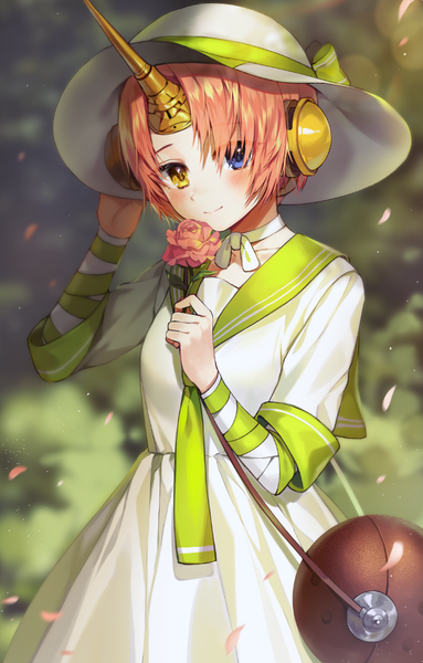 Anime picture 646x1011 with fate (series) fate/grand order frankenstein's monster (fate) gijang single tall image looking at viewer blush short hair pink hair horn (horns) light smile alternate costume heterochromia girl flower (flowers) hat petals choker rose (roses)