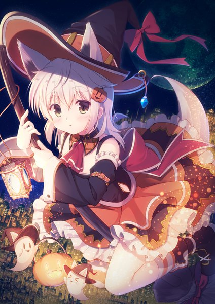 Anime picture 723x1023 with original misaki yuu (dstyle) single long hair tall image looking at viewer brown eyes animal ears white hair halloween girl dress bow hat detached sleeves witch hat