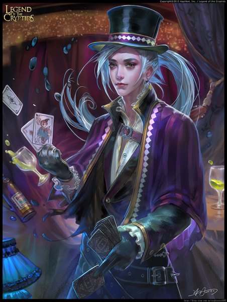 Anime picture 1000x1327 with legend of the cryptids yu-han single long hair tall image looking at viewer yellow eyes blue hair ponytail lips eyebrows boy hat earrings bottle card (cards) clothes wine glass top hat