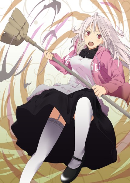 Anime picture 1000x1400 with original nishiuri warito single long hair tall image looking at viewer blush open mouth red eyes white hair girl thighhighs dress white thighhighs jacket broom