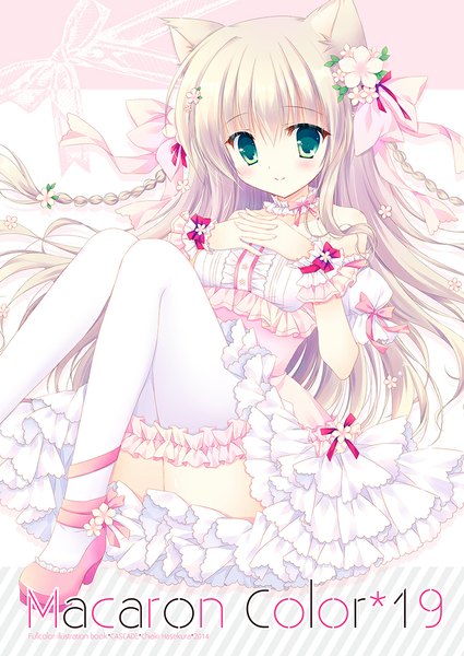 Anime picture 752x1062 with original hasekura chiaki long hair tall image looking at viewer blush blue eyes smile animal ears white hair cat ears girl thighhighs dress bow white thighhighs frills