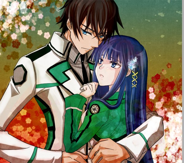 Anime picture 1280x1134 with mahouka koukou no rettousei shiba miyuki shiba tatsuya long hair looking at viewer blush fringe short hair open mouth blue eyes brown hair blue hair couple hug cherry blossoms breast press brother and sister girl boy uniform