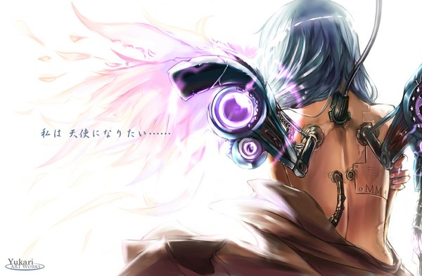 Anime picture 1096x719 with original jinkou tenshi long hair silver hair from behind back mechanical wings girl wire (wires) android