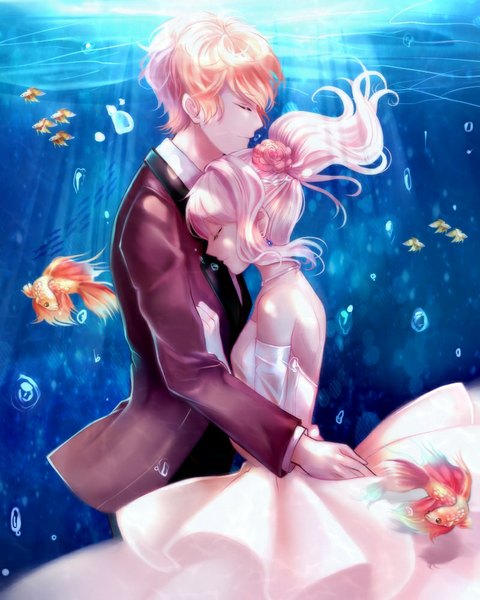 Anime picture 800x1000 with diabolik lovers idea factory sakamaki shuu komori yui manmosu long hair tall image short hair blonde hair bare shoulders pink hair ponytail eyes closed profile hair flower light smile sunlight orange hair couple hug