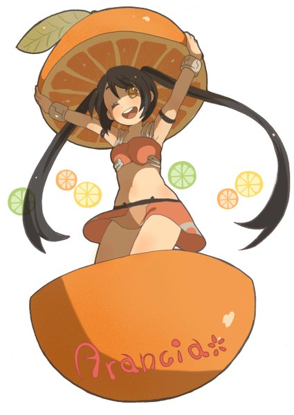 Anime picture 1808x2551 with arancia project original arancia wamochi (artist) single long hair tall image highres open mouth black hair simple background smile twintails holding one eye closed wink midriff orange eyes happy girl