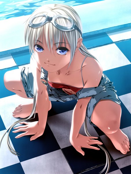 Anime picture 755x1000 with original rezi long hair tall image looking at viewer blue eyes bare shoulders white hair barefoot looking up checkered floor girl glasses pool overalls
