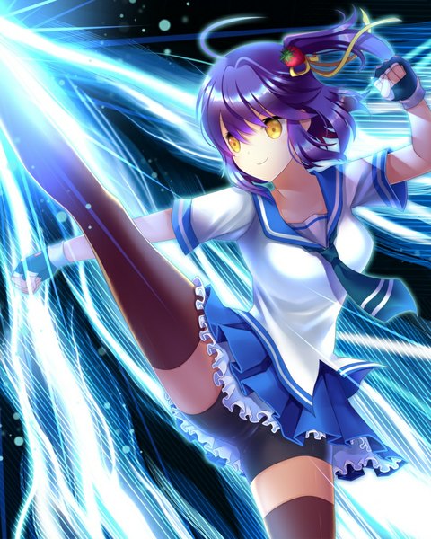 Anime picture 800x1000 with original agrt single tall image short hair light erotic smile yellow eyes blue hair ahoge one side up glowing legs up girl thighhighs skirt gloves hair ornament serafuku fingerless gloves