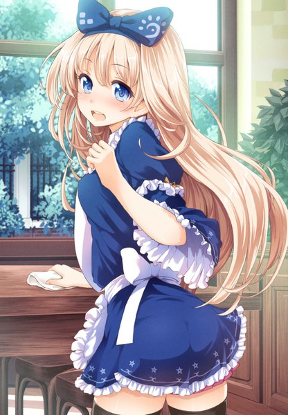 Anime picture 624x900 with original tokunou shoutarou single long hair tall image looking at viewer blush fringe open mouth blue eyes blonde hair looking back from behind wide sleeves zettai ryouiki surprised waitress girl bow plant (plants)