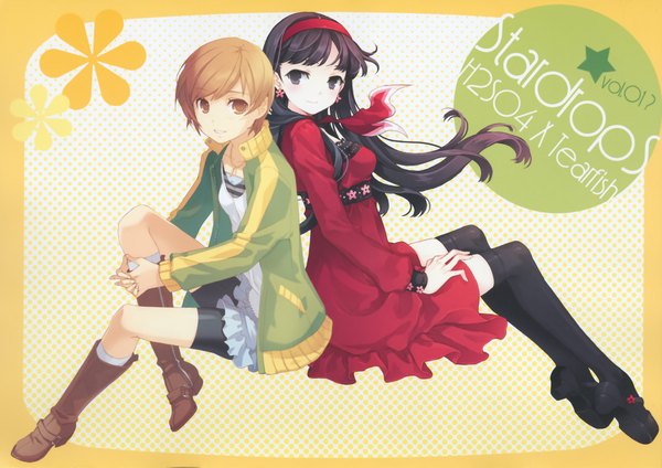 Anime picture 6016x4260 with persona 4 satonaka chie amagi yukiko h2so4 tearfish highres multiple girls scan girl thighhighs 2 girls